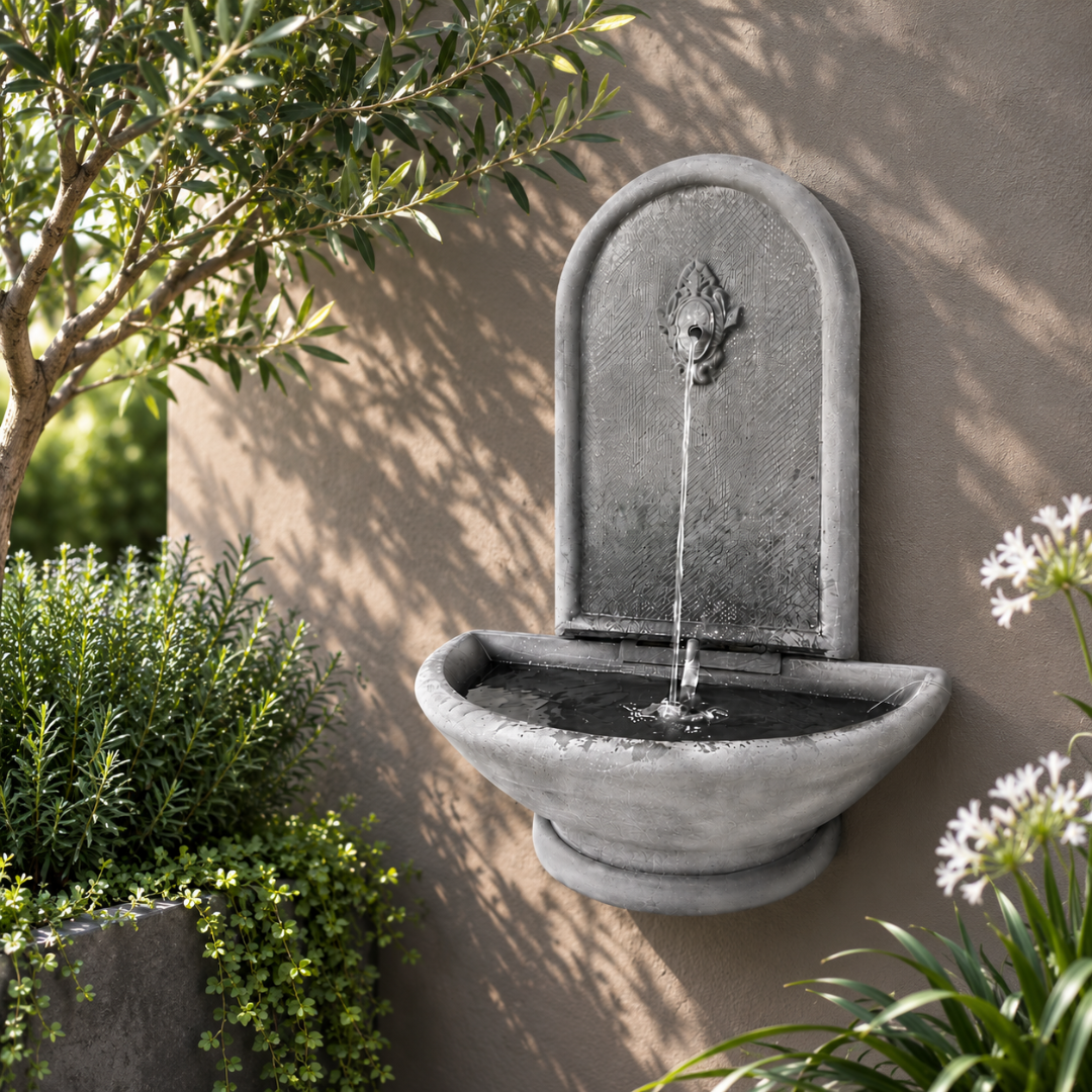 Classical lightweight cement wall-mounted water feature for gardens, patios, courtyards and outdoor decorative spaces