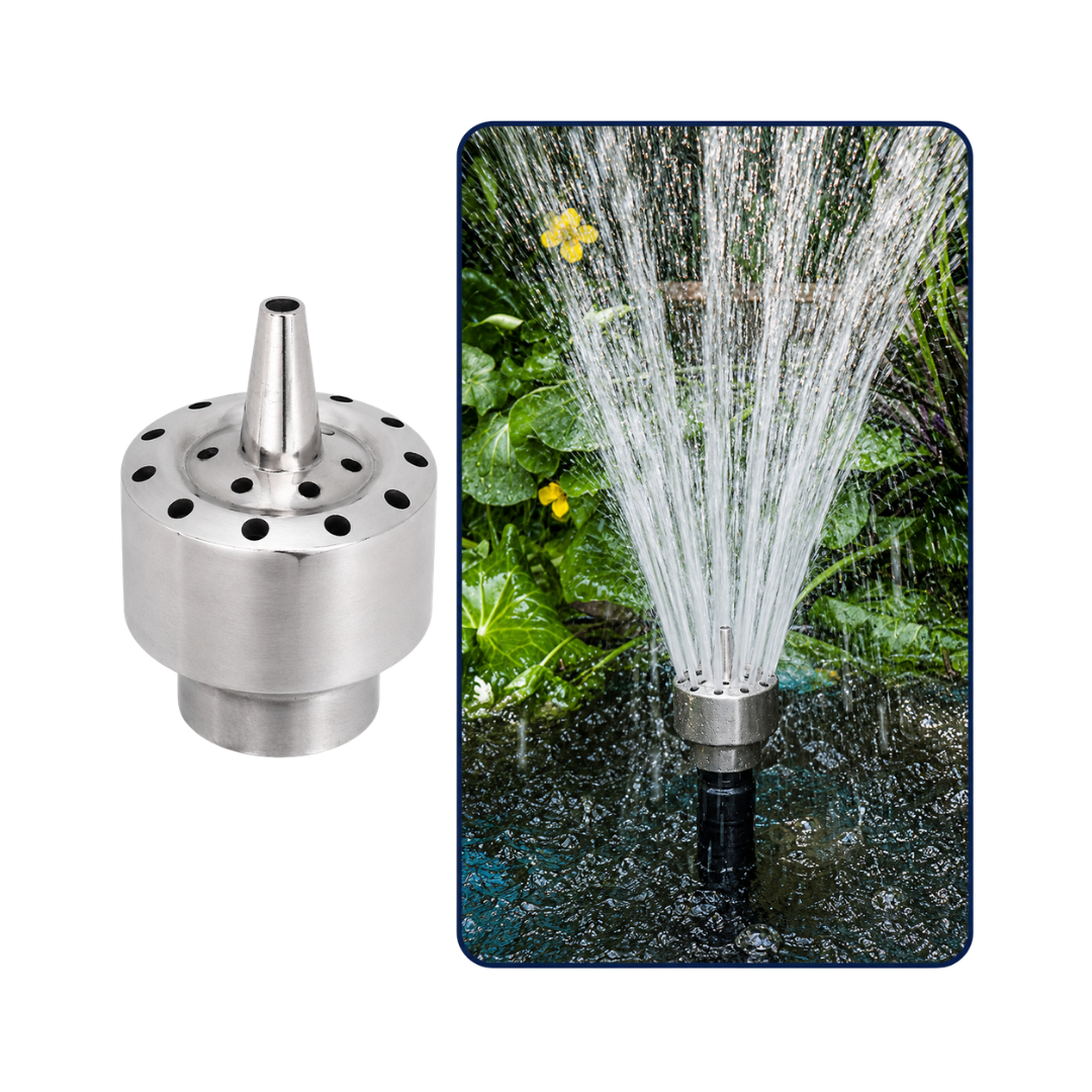 Column Flow Fountain Nozzle for creating clear vertical water columns in ponds, garden fountains and decorative water features