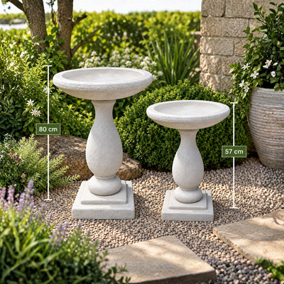 Concrete bird bath for indoor and outdoor garden decor, available in small 57cm and medium 80cm sizes for patios, gardens and bird-friendly spaces