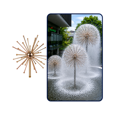 Crystal Ball Dandelion Fountain Nozzle with adjustable multi-jet spherical water spray effect, available in brass and stainless steel with 1½-inch and 2-inch connections, ideal for decorative ponds, garden fountains, architectural water features and illuminated fountain displays.
