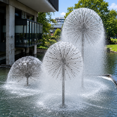 Crystal Ball Dandelion Fountain Nozzle with adjustable multi-jet spherical water spray effect, available in brass and stainless steel with 1½-inch and 2-inch connections, ideal for decorative ponds, garden fountains, architectural water features and illuminated fountain displays.