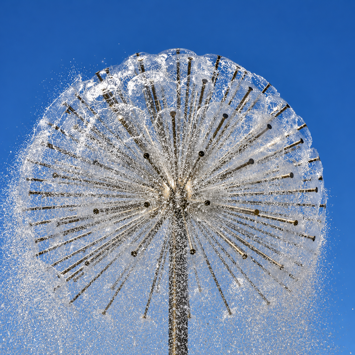 Crystal Ball Dandelion Fountain Nozzle with adjustable multi-jet spherical water spray effect, available in brass and stainless steel with 1½-inch and 2-inch connections, ideal for decorative ponds, garden fountains, architectural water features and illuminated fountain displays.