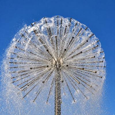 Crystal Ball Dandelion Fountain Nozzle with adjustable multi-jet spherical water spray effect, available in brass and stainless steel with 1½-inch and 2-inch connections, ideal for decorative ponds, garden fountains, architectural water features and illuminated fountain displays.