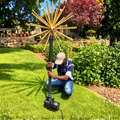 Crystal Ball Dandelion Fountain Nozzle with adjustable multi-jet spherical water spray effect, available in brass and stainless steel with 1½-inch and 2-inch connections, ideal for decorative ponds, garden fountains, architectural water features and illuminated fountain displays.