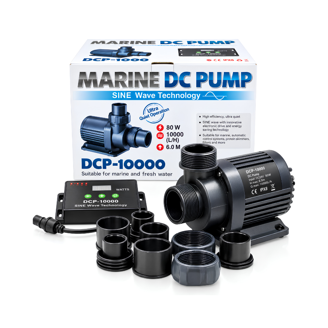 Jebao DC Sine Wave Marine Water Pump DCP-15000 and DCP-20000 with adjustable flow controller, energy-efficient DC motor and dry-run protection for marine aquariums, freshwater systems and ponds.