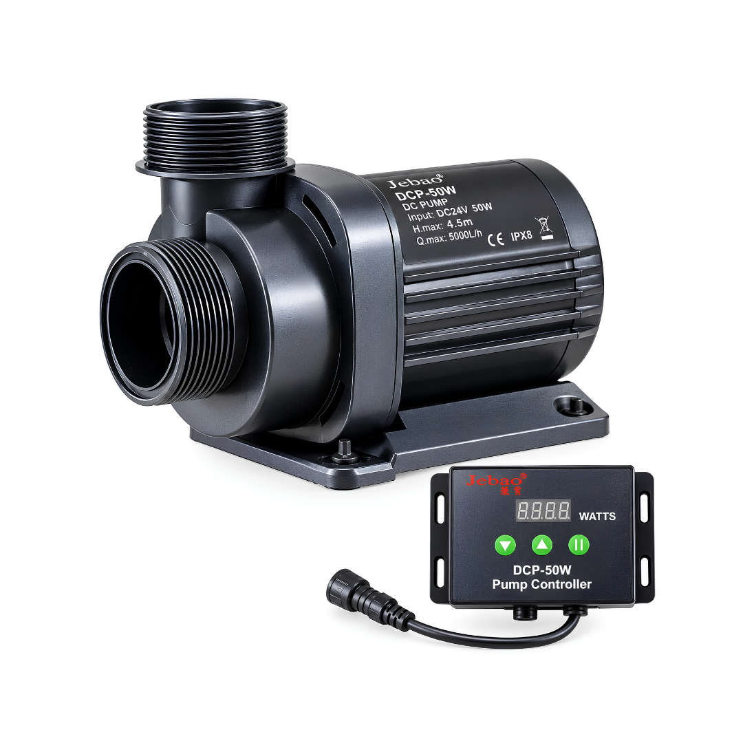 Jebao DC Sine Wave Marine Water Pump DCP-15000 and DCP-20000 with adjustable flow controller, energy-efficient DC motor and dry-run protection for marine aquariums, freshwater systems and ponds.