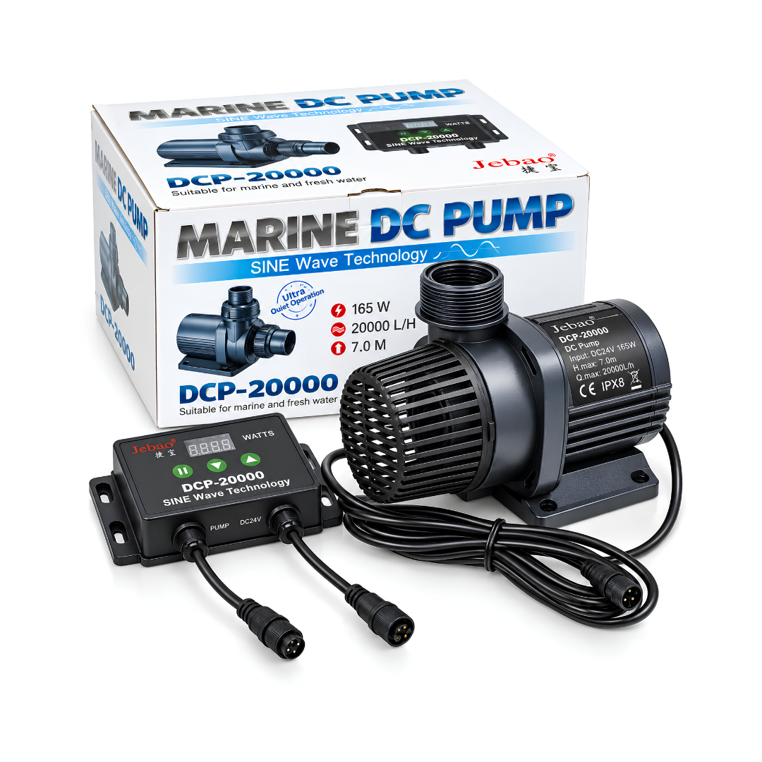 Jebao DC Sine Wave Marine Water Pump DCP-15000 and DCP-20000 with adjustable flow controller, energy-efficient DC motor and dry-run protection for marine aquariums, freshwater systems and ponds.