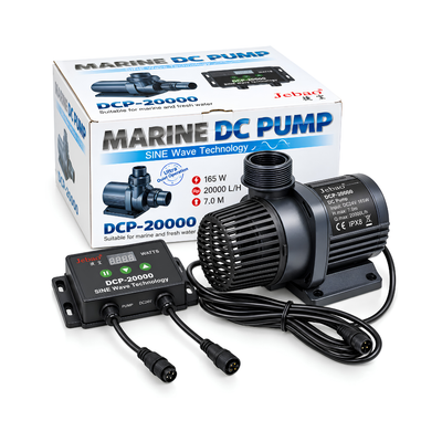 Jebao DC Sine Wave Marine Water Pump DCP-15000 and DCP-20000 with adjustable flow controller, energy-efficient DC motor and dry-run protection for marine aquariums, freshwater systems and ponds.