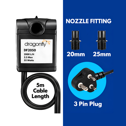 Dragon Fly DF2050/5 55W water feature pond pump with 2000L/h maximum flow, 2.5m head and 5m cable for fountains, aquariums and koi ponds