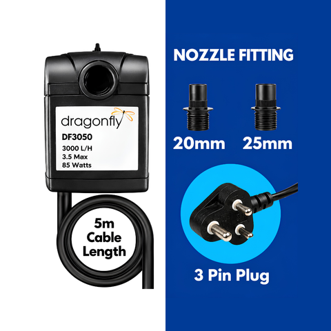 Dragon Fly DF3050 85W water feature pond pump with 3000L/h maximum flow, 3.5m head and 5m cable for fountains, aquariums and koi ponds