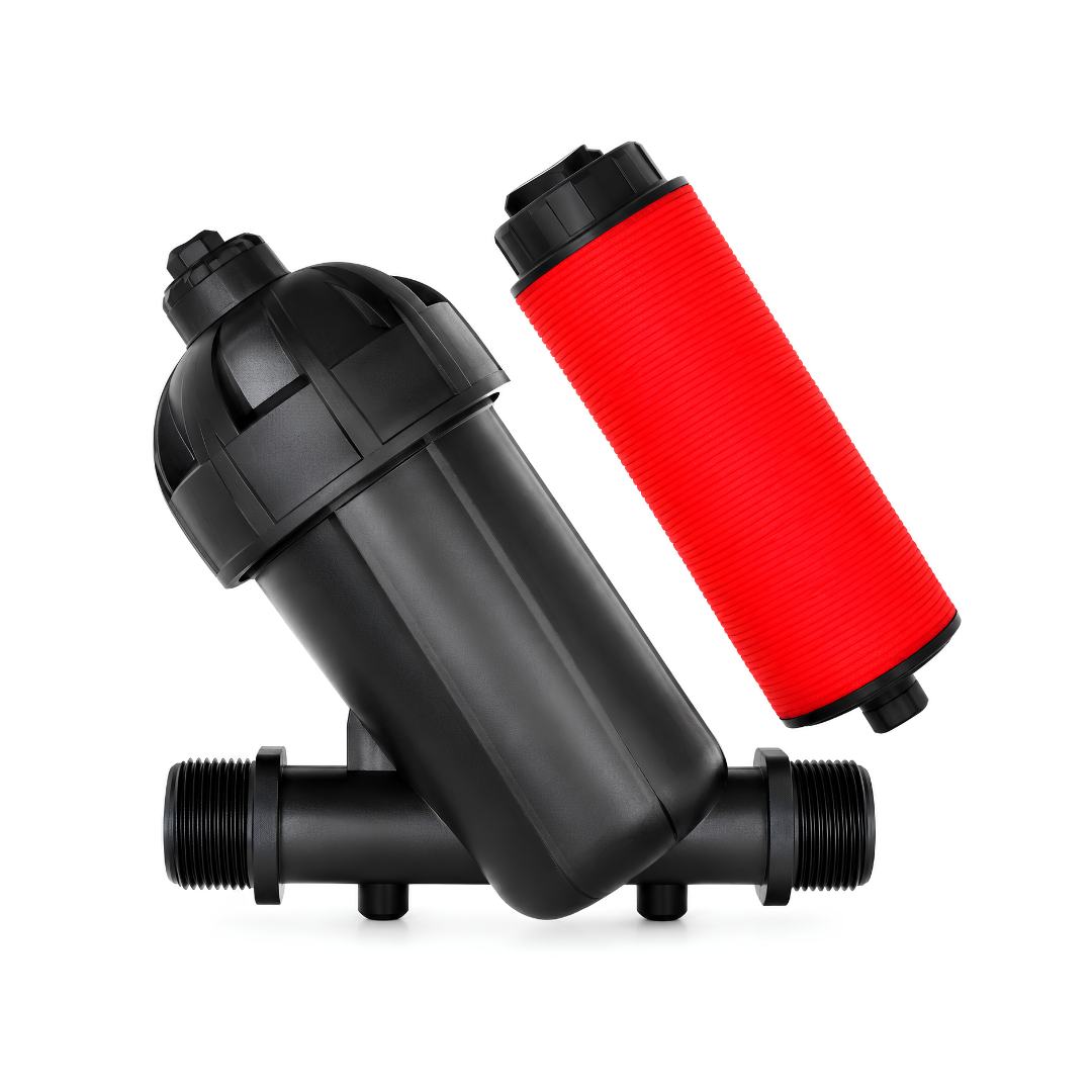 130 micron irrigation disc filter with removable red disc cartridge for drip, sprinkler and garden irrigation systems, available in 20mm, 25mm, 32mm, 40mm and 50mm sizes