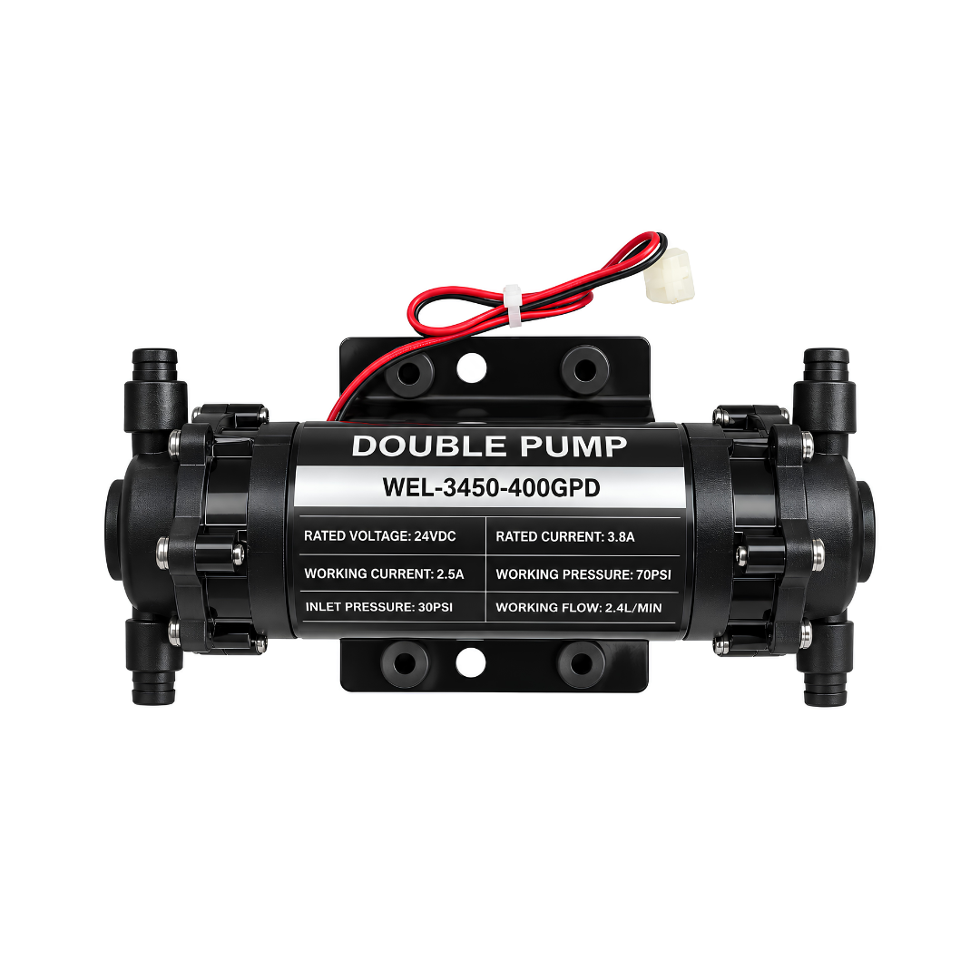 24V double head diaphragm pump with 4.8 bar pressure and 2.4L/min flow for high-pressure misting systems, greenhouse humidification and water supply