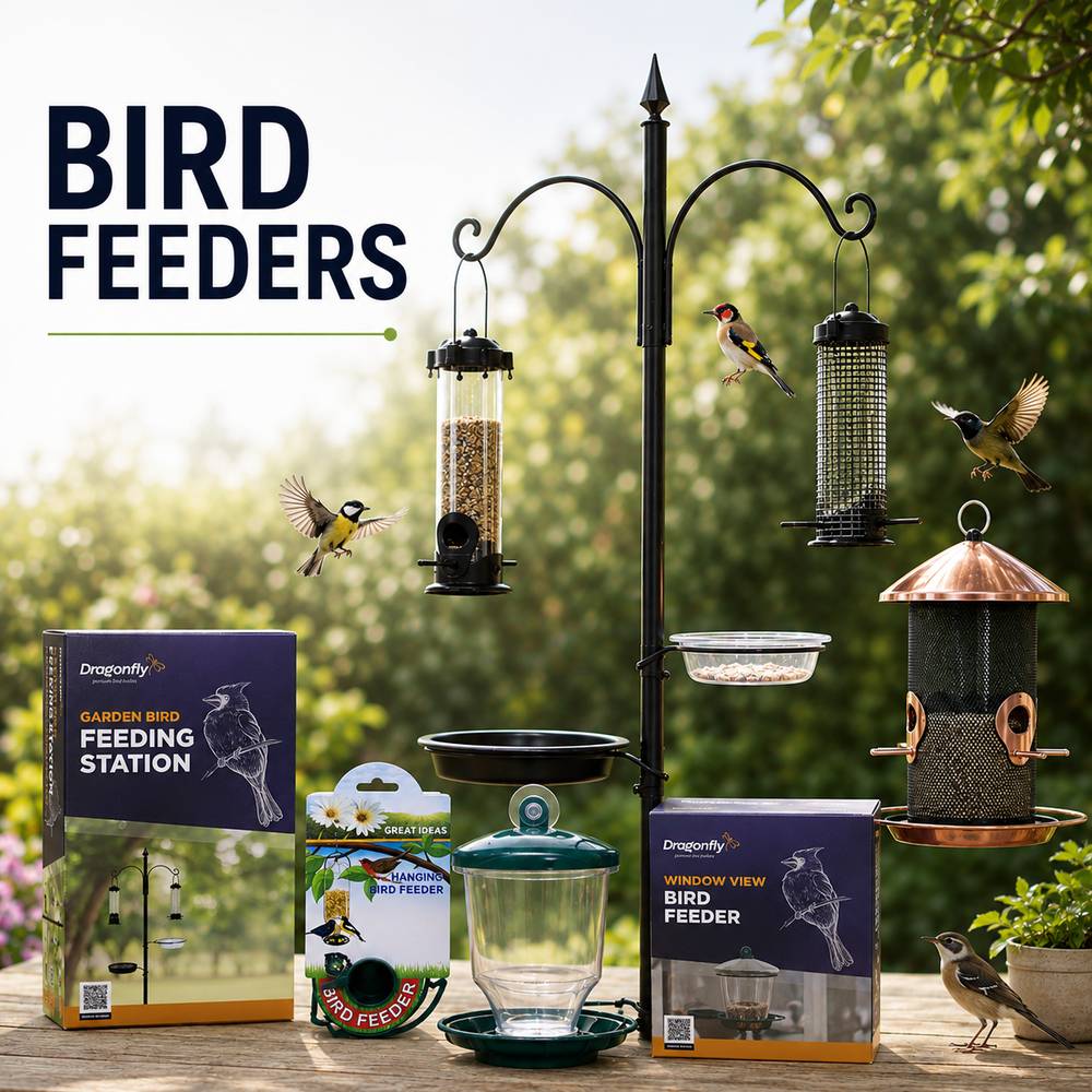 A Dragonfly bird feeder set displayed outdoors on a wooden table with green garden foliage in the background. The set includes a black metal garden hose feeding station with two hanging seed feeders, a clear bowl, a green and black bird feeder bowl, a copper-top seed container, and two branded product boxes.