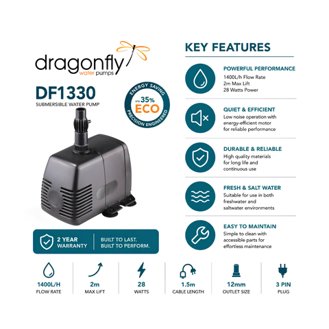 Dragonfly DF1330 Pond & Fountain Pump – 1400 Litres Per Hour Water Feature Pump