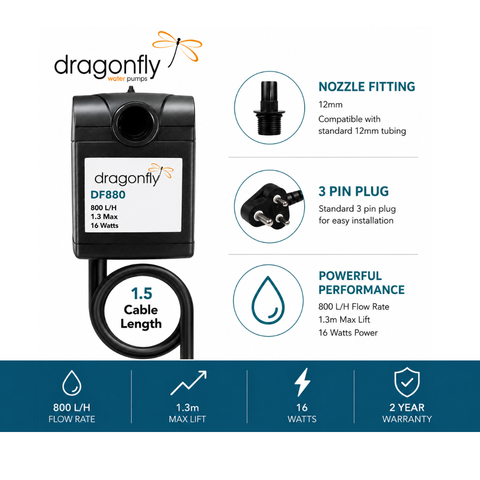 Dragonfly DF880 Pond & Fountain Pump – 800 Litres Per Hour Water Feature Pump