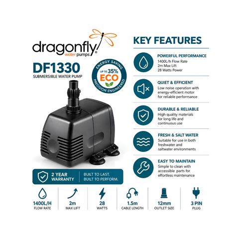 Dragonfly DF1330 1400L/h submersible pond and fountain water pump with 2m maximum head height for water features, ponds and fountains