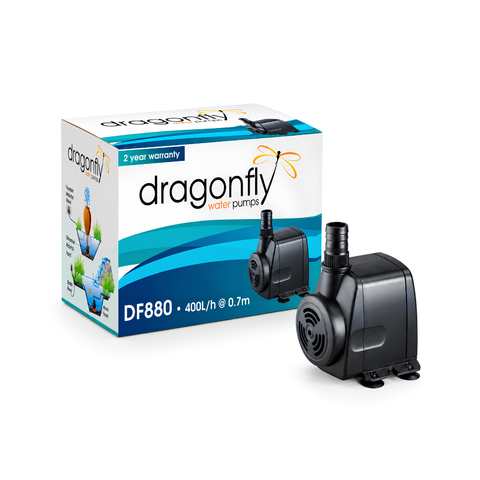Dragonfly DF880 16W submersible pond and fountain pump with 800L/h maximum flow and 1.3m head for water features, aquariums and small ponds