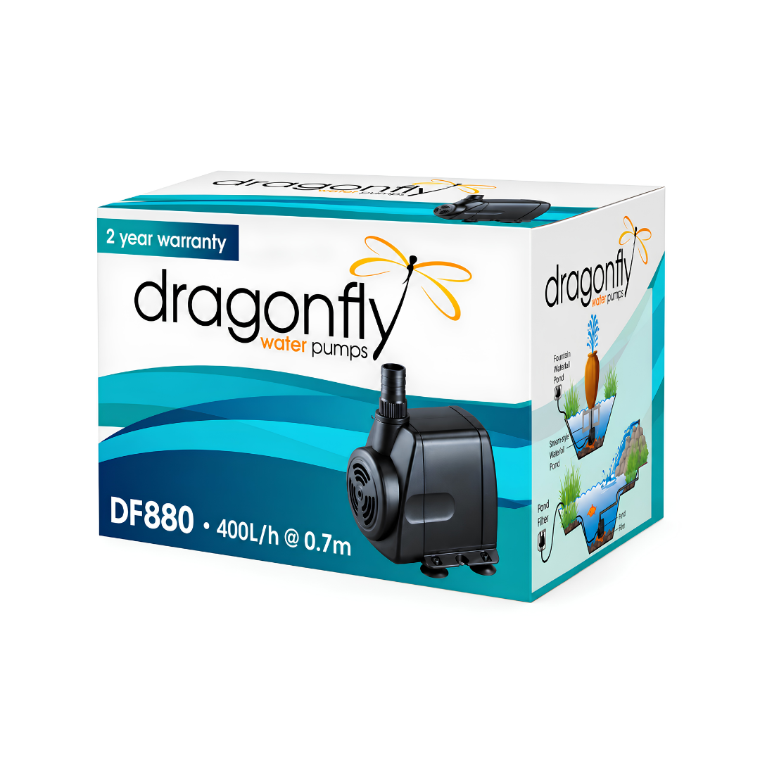 Dragonfly DF880 16W submersible pond and fountain pump with 800L/h maximum flow and 1.3m head for water features, aquariums and small ponds