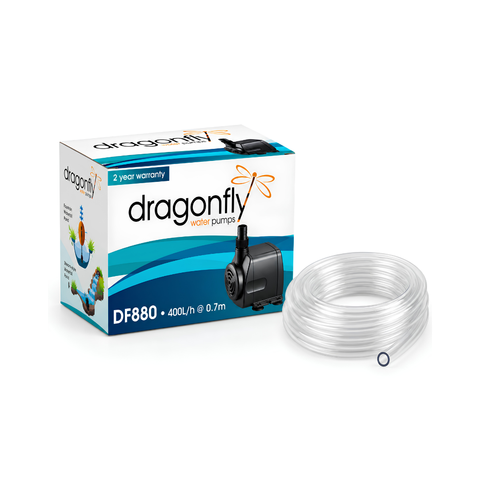 Dragonfly DF880 16W submersible pond and fountain pump with 800L/h maximum flow and 1.3m head for water features, aquariums and small ponds
