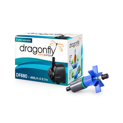 Dragonfly DF880 16W submersible pond and fountain pump with 800L/h maximum flow and 1.3m head for water features, aquariums and small ponds