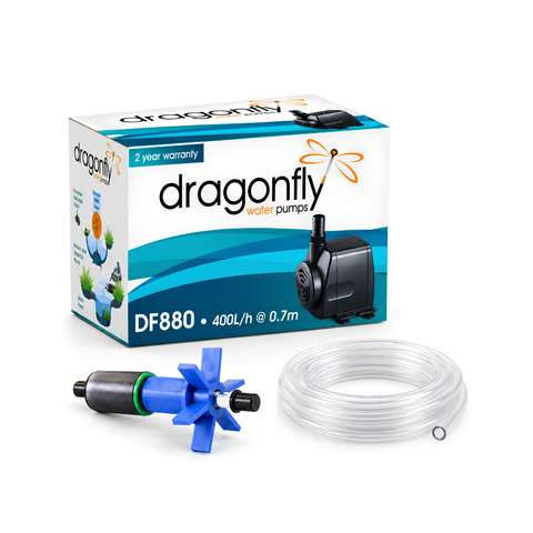 Dragonfly DF880 16W submersible pond and fountain pump with 800L/h maximum flow and 1.3m head for water features, aquariums and small ponds