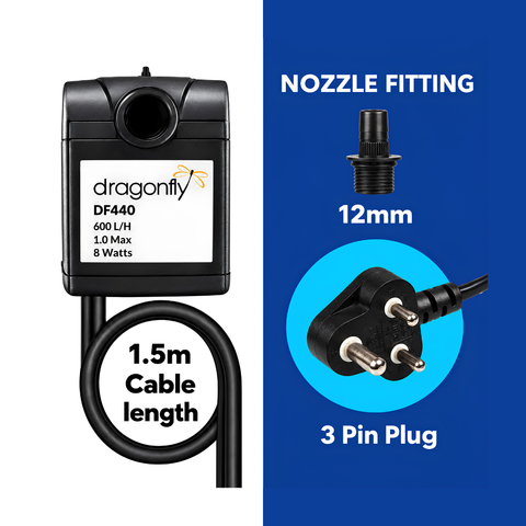 DragonFly DF440 500L/h submersible pond and fountain water pump with 0.9m maximum head for water features, aquariums and koi ponds