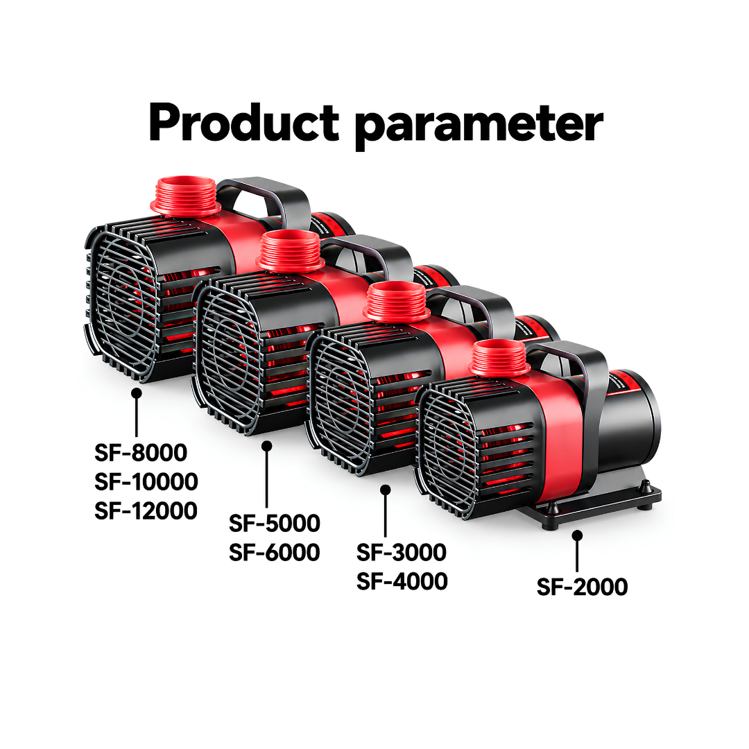Eco Amphibious 24V DC Water Pump with 12,000 L/h maximum flow rate, 5.5m head height, 65W energy-efficient motor and 10-stage adjustable controller for ponds, fountains and water features.