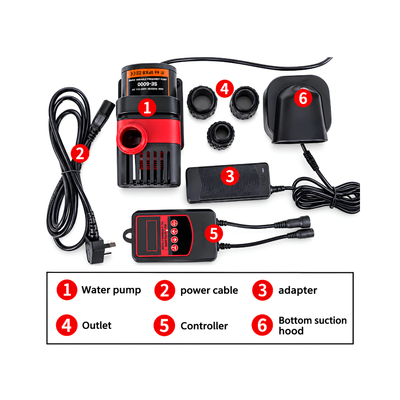Eco Amphibious 24V DC Water Pump with 5000 L/h maximum flow rate, 5m head height, 40W energy-efficient motor and 10-stage adjustable controller for ponds, fountains and water features.