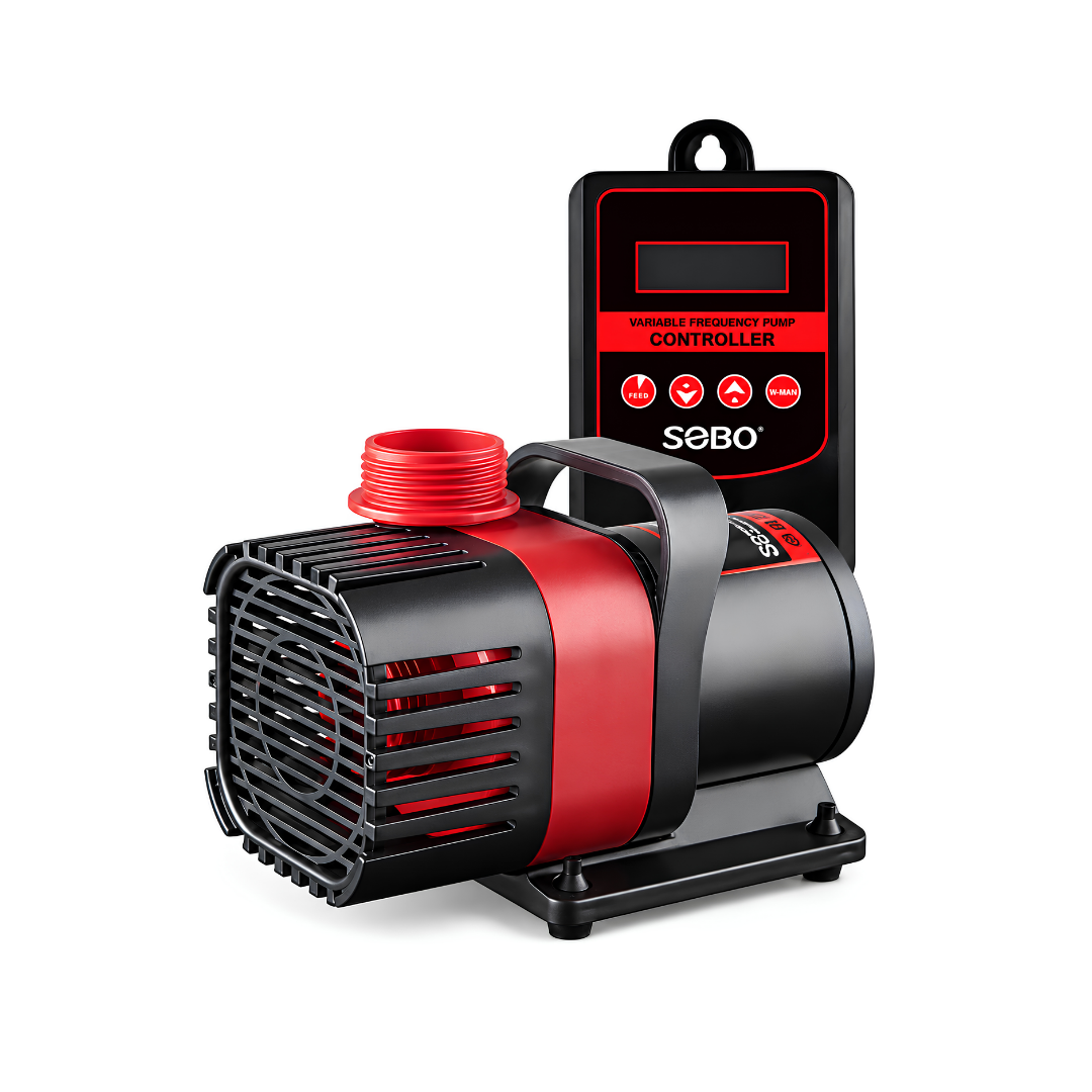 Eco Amphibious 24V DC Water Pump with 6000 L/h maximum flow rate, 5.5m head height, 50W energy-efficient motor and 10-stage adjustable controller for ponds, fountains and water features.