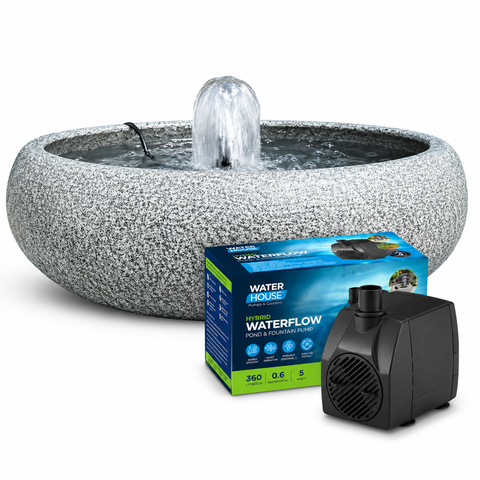 Pond fountain with Waterhouse pump and packaging on a white background
