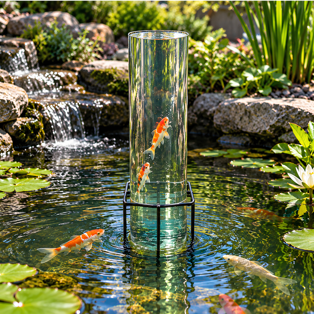 Waterhouse Fish Tower for garden ponds, clear acrylic koi and ornamental fish viewing tower with metal support stand, allowing pond fish to swim above the water surface. Available in 60cm medium and 100cm large sizes.