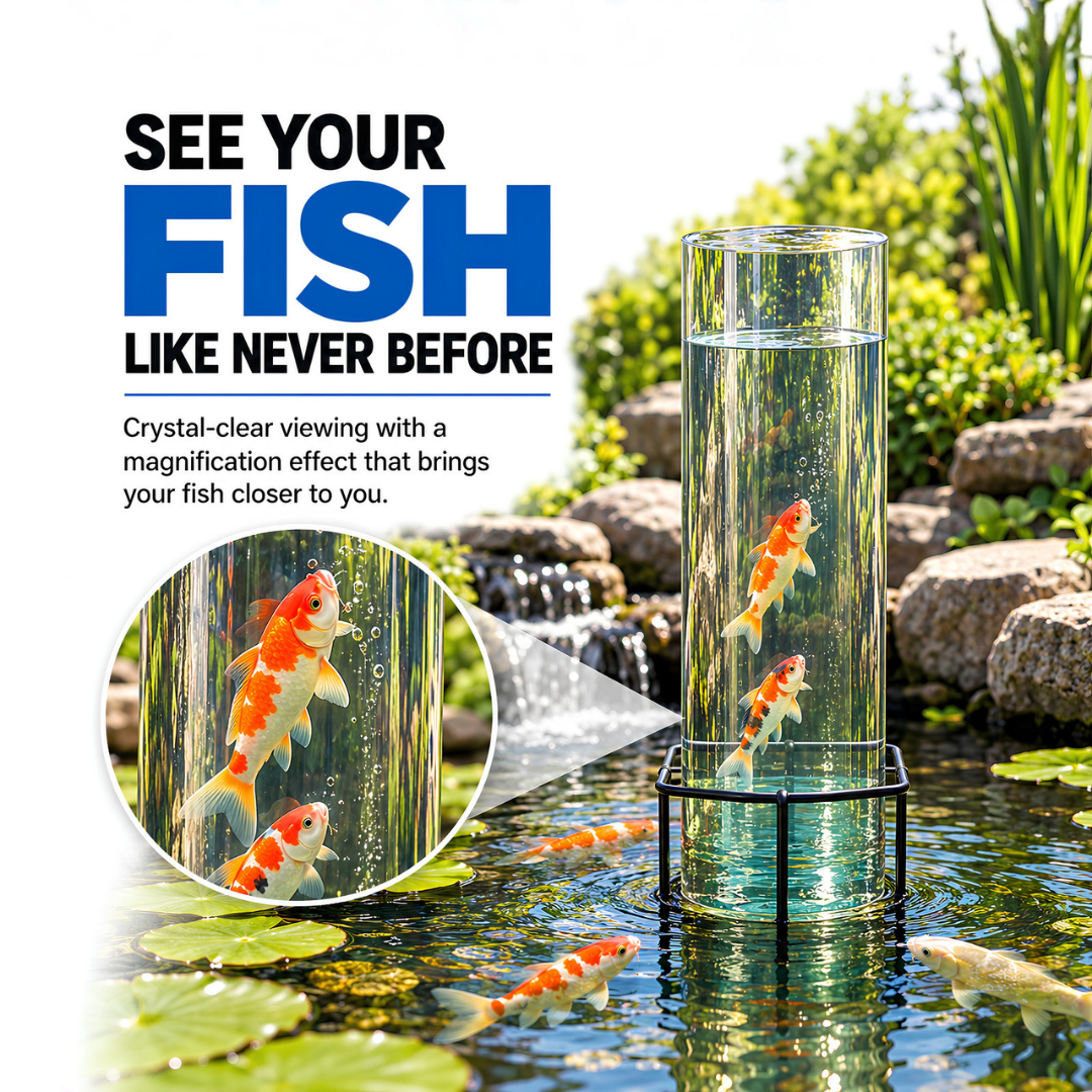 Waterhouse Fish Tower for garden ponds, clear acrylic koi and ornamental fish viewing tower with metal support stand, allowing pond fish to swim above the water surface. Available in 60cm medium and 100cm large sizes.