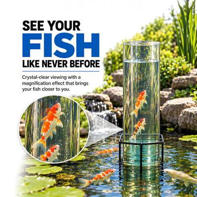Waterhouse Fish Tower for garden ponds, clear acrylic koi and ornamental fish viewing tower with metal support stand, allowing pond fish to swim above the water surface. Available in 60cm medium and 100cm large sizes.