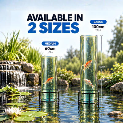 Waterhouse Fish Tower for garden ponds, clear acrylic koi and ornamental fish viewing tower with metal support stand, allowing pond fish to swim above the water surface. Available in 60cm medium and 100cm large sizes.
