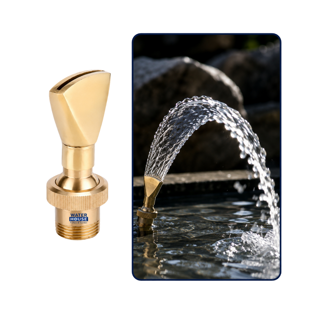 Flat Mouth Brass Fountain Nozzle for creating wide sheet water effects in ponds, garden fountains and decorative water features