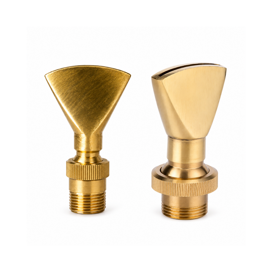 Flat Mouth Brass Fountain Nozzle for creating wide sheet water effects in ponds, garden fountains and decorative water features