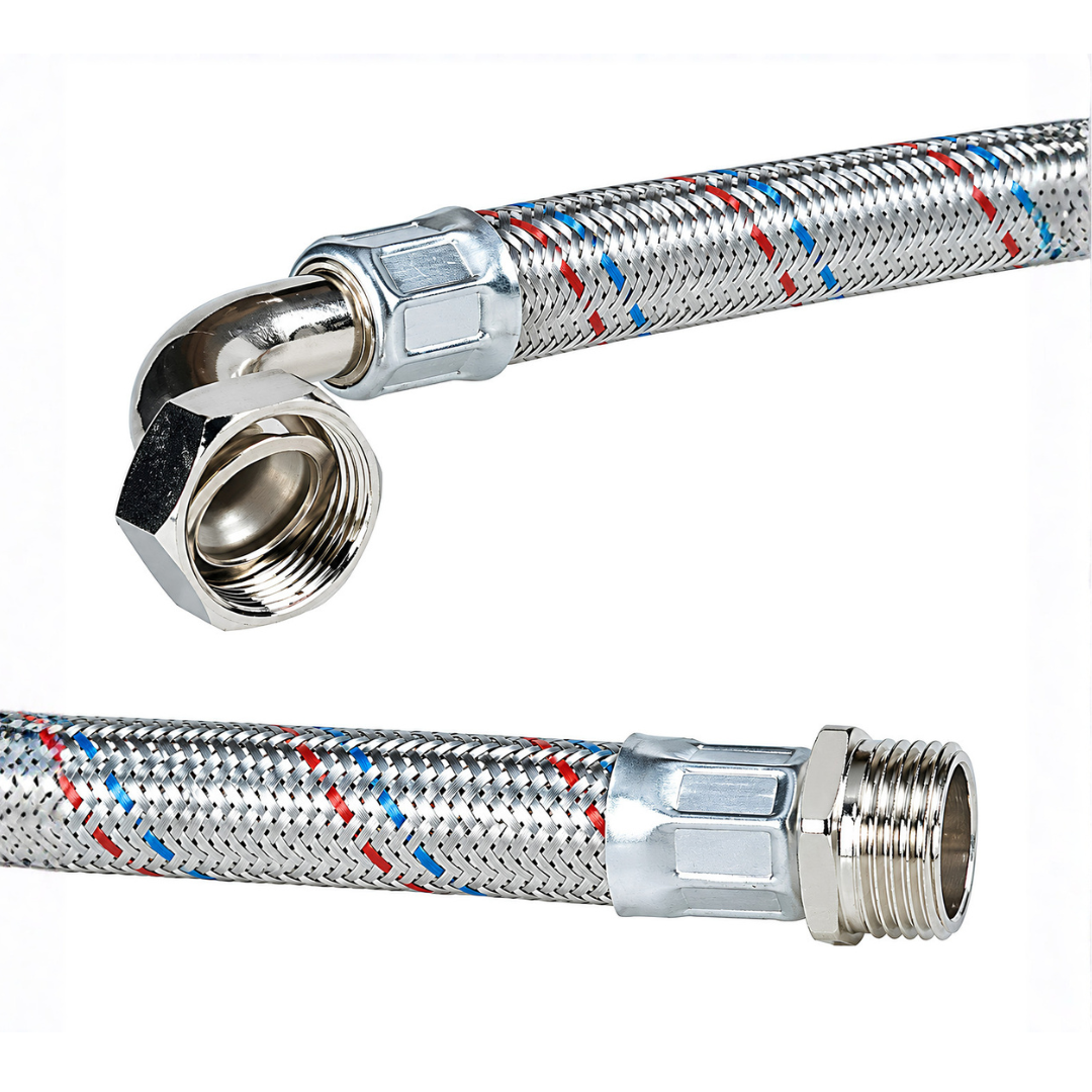 Stainless steel flexible hose connector 25mm x 800mm, durable flexible plumbing hose for connecting water pressure booster pumps, pressure tanks, JoJo tank systems and domestic water supply fittings.