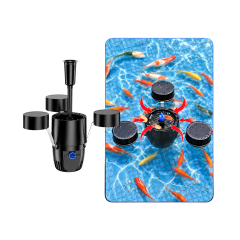 Floating Pond Skimmer with Fountain Pump for removing surface debris while creating a decorative water display in ponds and water features