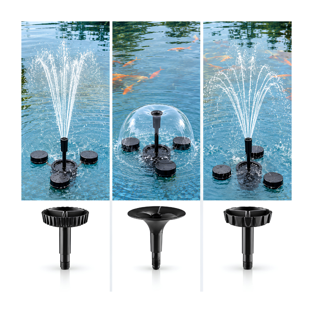 Floating Pond Skimmer with Fountain Pump for removing surface debris while creating a decorative water display in ponds and water features
