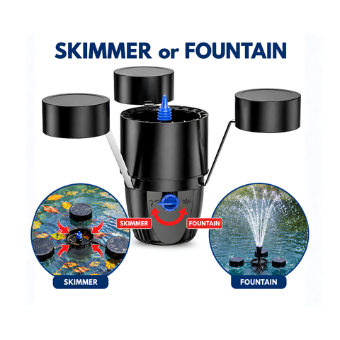 Floating Pond Skimmer with Fountain Pump for removing surface debris while creating a decorative water display in ponds and water features
