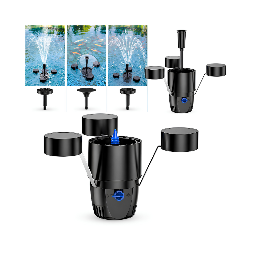 Floating Pond Skimmer with Fountain Pump for removing surface debris while creating a decorative water display in ponds and water features