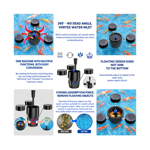 Floating Pond Skimmer with Fountain Pump for removing surface debris while creating a decorative water display in ponds and water features