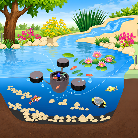 Floating Pond Skimmer with Fountain Pump for removing surface debris while creating a decorative water display in ponds and water features