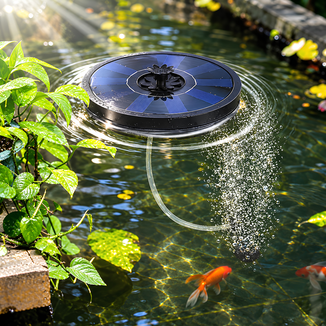 5V floating solar powered air pump and pond aerator with hose and air stone for small fish ponds, aquariums and water features