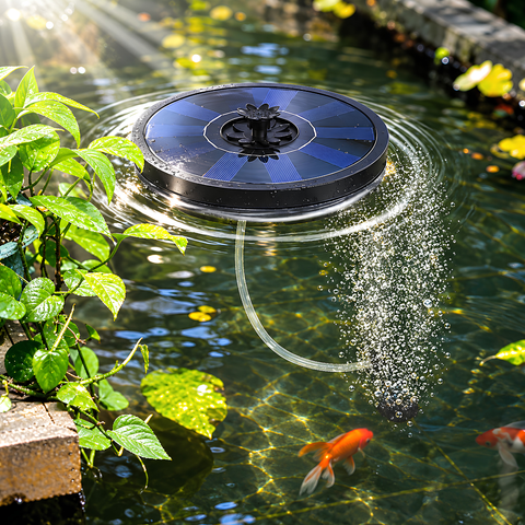 5V floating solar powered air pump and pond aerator with hose and air stone for small fish ponds, aquariums and water features
