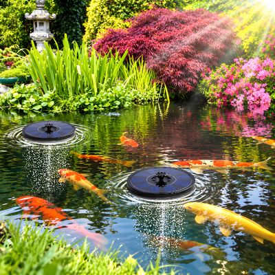 5V floating solar powered air pump and pond aerator with hose and air stone for small fish ponds, aquariums and water features