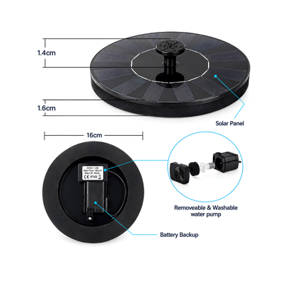 7V 1.4W Floating Solar Fountain for ponds, bird baths, garden water features and outdoor fountains
