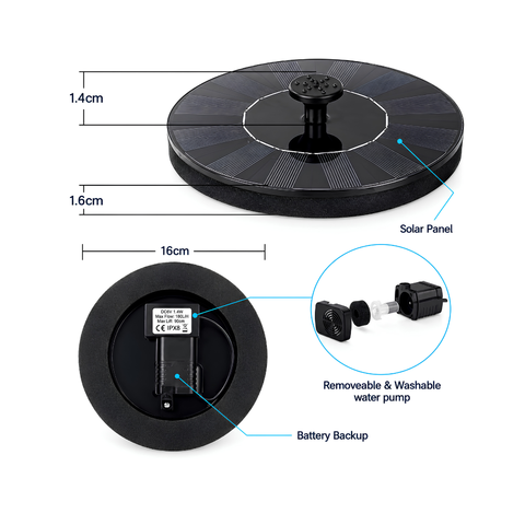 7V 1.4W Floating Solar Fountain for ponds, bird baths, garden water features and outdoor fountains