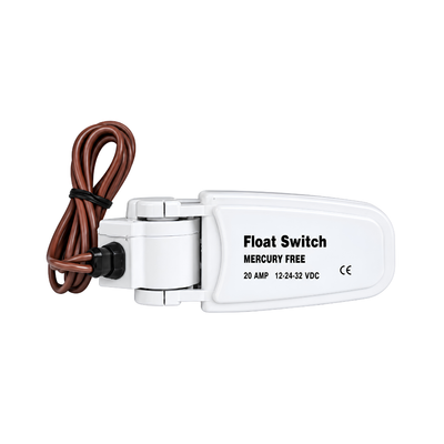 Heavy-duty 12V 24V 32V DC automatic float switch for bilge and submersible water pumps, with 1m cable, 51mm pump activation level and 19mm shut-off level for automatic water level control.