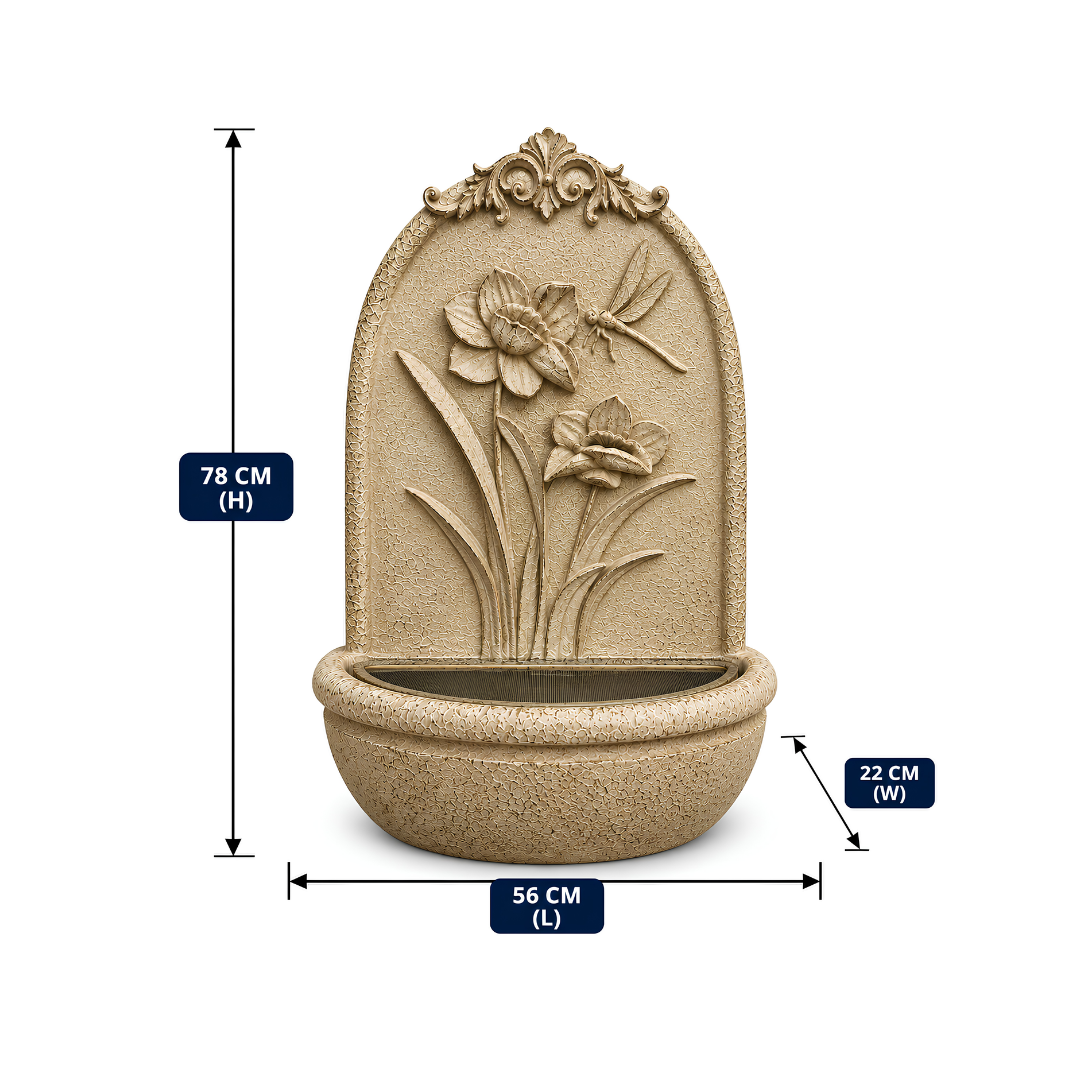Floral wall mounted water feature with flower and dragonfly design, stone-look finish and rounded basin for indoor or outdoor use